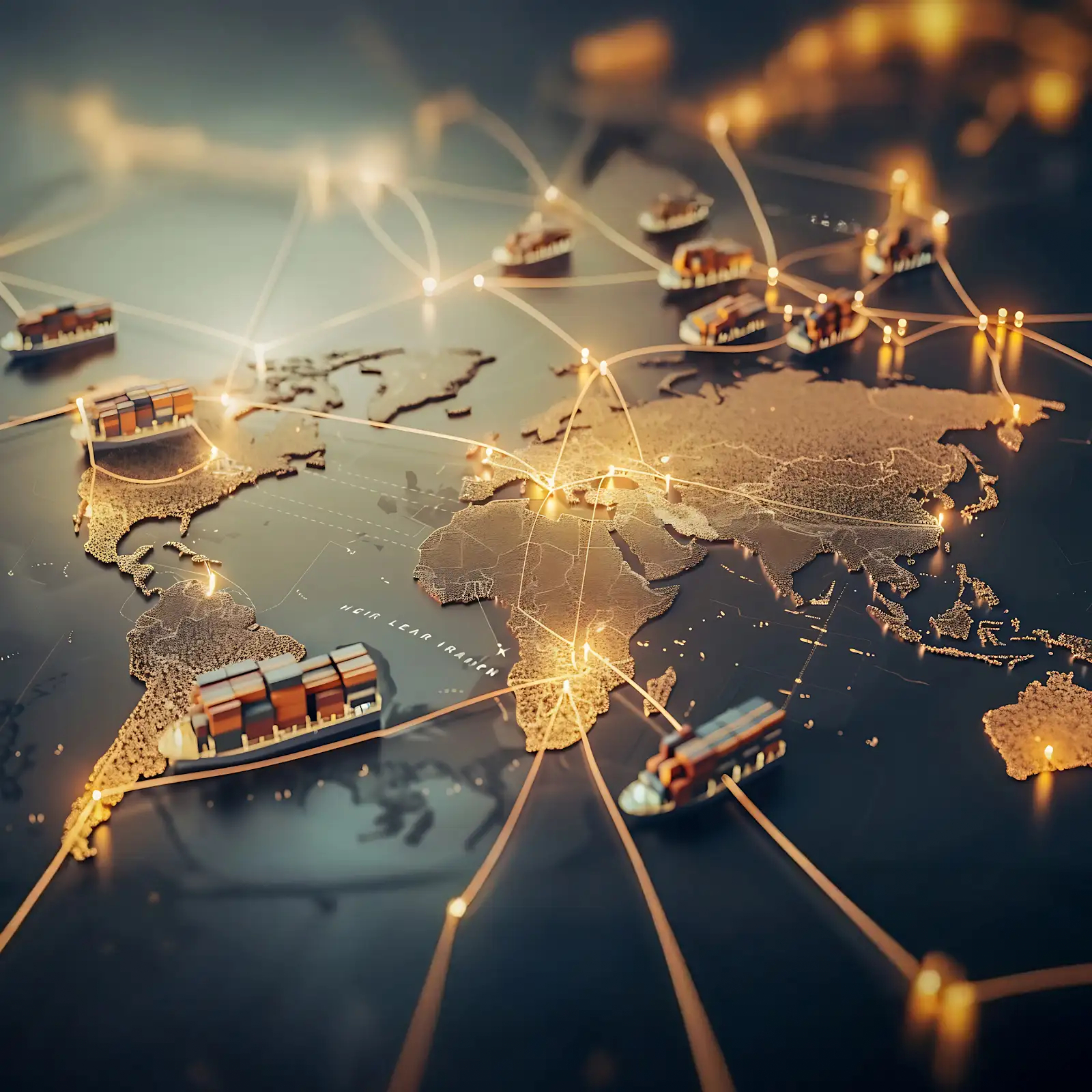 Global shipping network showing interconnected cargo routes and freight vessels, visualizing collaboration and alliance in international logistics